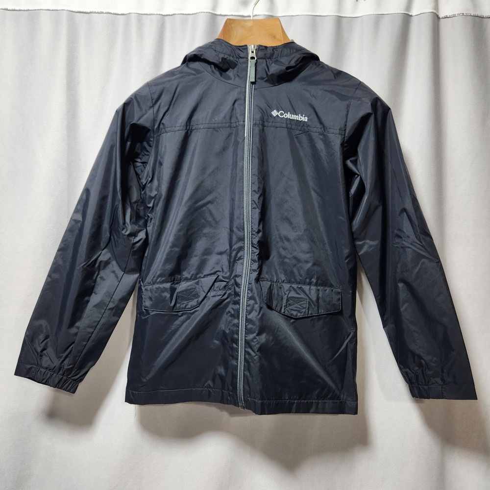 Columbia Kids Navy Blue Fleece Lined Hooded Rain Jacket Windbreaker Size M 10/12